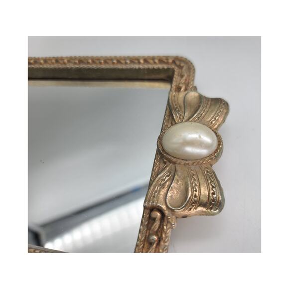 Vintage Gold Plate Metal Rectangular Bow & Pearl 12” Vanity Tray Mirror Jewelry - Picture 3 of 10
